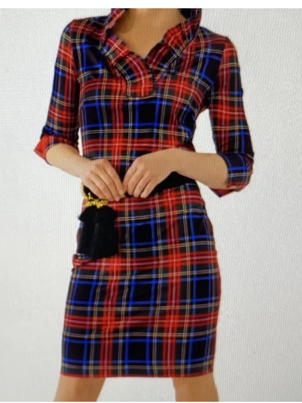 GRETCHEN SCOTT sM Plaid Shift Dress-ruffle collar-easy care-Holidays! Looks NEW